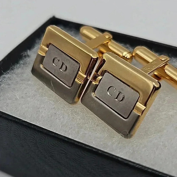 Christian Dior CD Logo Bullet Back Gold and Silver Tone Cufflinks with Tie bar - Picture 3 of 5